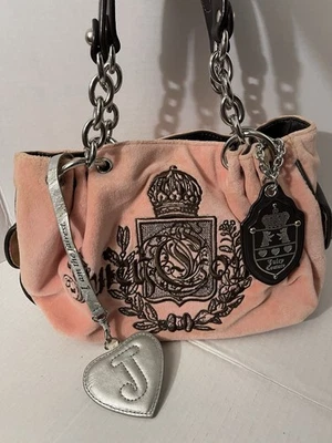 Y2K Vintage JUICY COUTURE Velour Satchel Handbag Pink/Brown Chain Handles Charm - Image 1 of 4