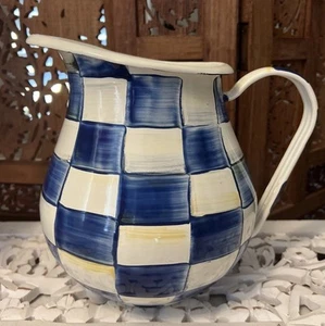 Mackenzie Childs Royal Blue Check 3 Qt Pitcher Enameled Steel Handpainted NEW - Picture 1 of 5