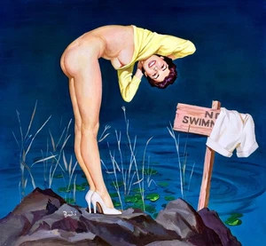 Vintage Pin Up Art No Swimming 12 x 12" Photo Print - Picture 1 of 1