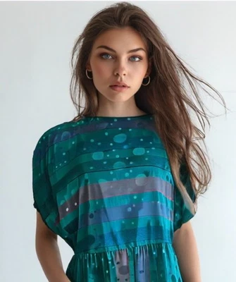 Vestido midi Magnin Pure Argenti Pop Art años 80 talla mediana 8 mangas Dolman verde azulado Foto 1 de 4