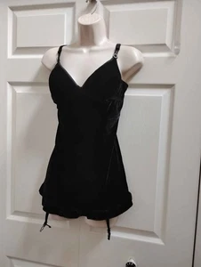 Women's Black Velvet Teddy Size Medium Vintage Attached Garters 36 Bust New - Picture 1 of 9