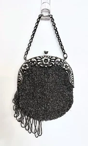 Victorian Silver Floral Frame Steel Small Beaded Chatelaine Purse - Picture 1 of 4