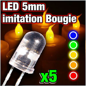 LED 5mm imitation bougie , dispo: rouge, vert, jaune, orange, bleu, 5pcs