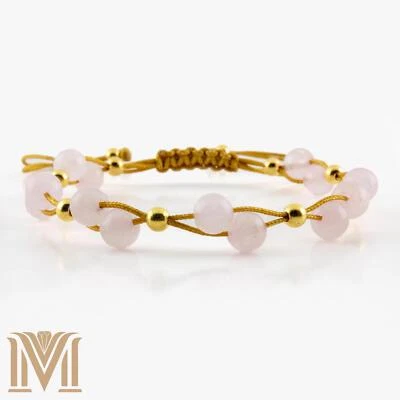 Elegant Rose Quartz Bracelet – Adjustable Gold Beaded Jewelry, Handmade, 5 to 9" - Image 1 of 4