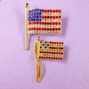 Lot of 2 Patriotic Rhinestone American Flag Pins Brooch Red White Blue USA - Picture 1 of 8
