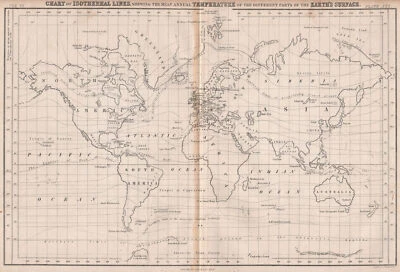 MUNDO. Líneas isotérmicas de igual temperatura media anual. Mapa BRITANNICA 1860 Foto 1 de 2