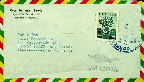 SEPHIL BOLIVIA 1.400c SURCHARGE AIRMAIL COVER FROM LA PAZ TO ARGENTINA Cover