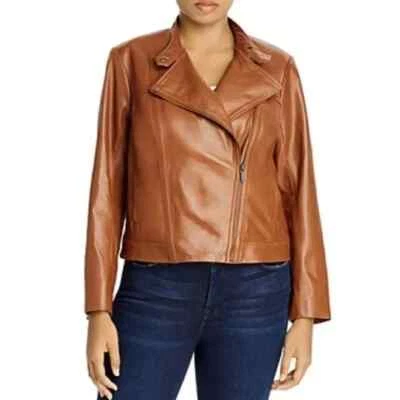 Chaqueta de moto Michael Kors para mujer equipaje cuero real marrón talla grande 1X NUEVA $260 Foto 1 de 4