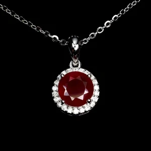 925 Sterling Silver Necklace Round Ruby 7mm Natural Gemstone Jewelry 18 Inches - Picture 1 of 14