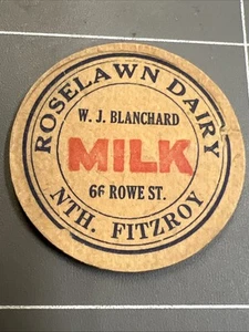 VINTAGE CARDBOARD MILK BOTTLE LID ROSELAWN DAIRY ROWE ST NTH FITZROY BLANCHARD - Picture 1 of 3