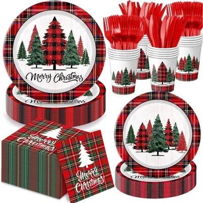 圣诞节一次性餐具套装盘子杯餐巾餐具水牛格子 — 第 1/4 张图片