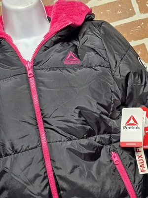 Reebok Reversible Puffer Jacket Girl’s Black /pink Faux Fur Winter Coat Sz 7/8 - Image 1 of 4