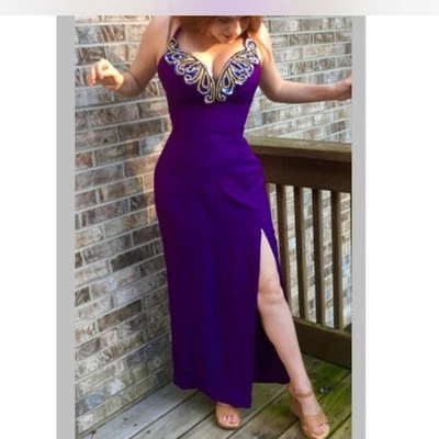 Vintage Purple Halter Prom Dress with Beaded Butterfly Detail Gown 13-14 - Image 1 of 4