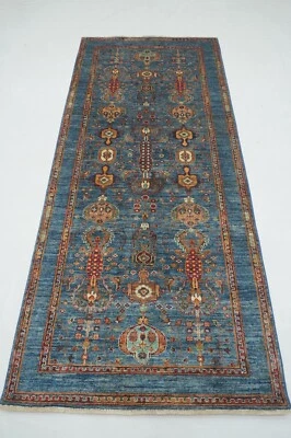 4 x 8 ft Blue Waziri Oriental Afghan Hand knotted Transitional Wide Runner Rug - Image 1 of 4