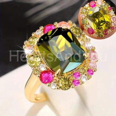 4ct Cushion Lab-Created Peridot Halo Cocktail Engagement Ring Yellow Gold Plated - Image 1 of 4