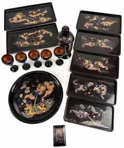 Antik Vintage chinesischer Foochow schwarz Lack Cocktail Shaker Box Tablett Tasse Set - Bild 1 von 9