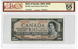 Canada 100 Dollars 1954 aUNC "A/J" Coyne-Towers BCS Graded aUNC 55 Devil's - Picture 1 of 2