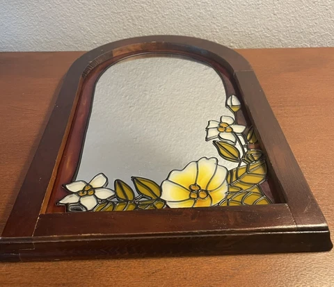 Vintage Interpur “Stained Glass” Flower Mirror With Arched Wooden Frame Cover