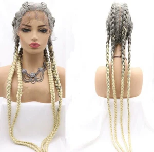 34" Long Gray Blonde Fiber Lace Front Wig Cornrow Box 4X Braided Wigs Glueless - Picture 1 of 11