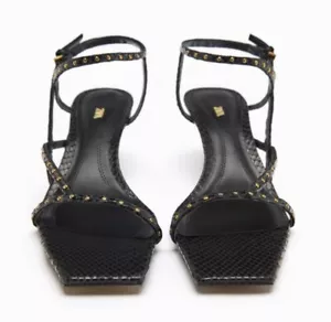 Womens Sandals, authentic leather S 7.5 Kitten Heels, gold studs details New - Picture 1 of 16