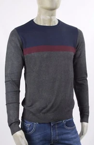 MAGLIA MARKUP A GIRO COLLO IN VISCOSA RASATO GRIGIO A FASCE BLU E BORDO SLIM FIT - Foto 1 di 5