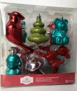 Holiday Time 12 Shatterproof Ornaments Bird, Teddy, Reindeer, Tree W/Glitter - Picture 1 of 4