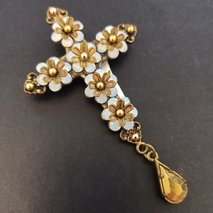 Cross Brooch Michal Negrin Large White Floral Chunky Sparkly Crystals Men Women - Picture 1 of 13