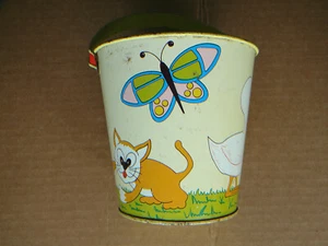 OHIO ART Vintage CUTE ANIMALS TIN SAND PAIL - CAT DOG DUCK BUNNY BUTTERFLIES - Picture 1 of 10