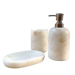 Set da Bagno Marmo Bianco Statuario Bicchiere Dispenser Sapone Accessori Marble - Picture 1 of 8
