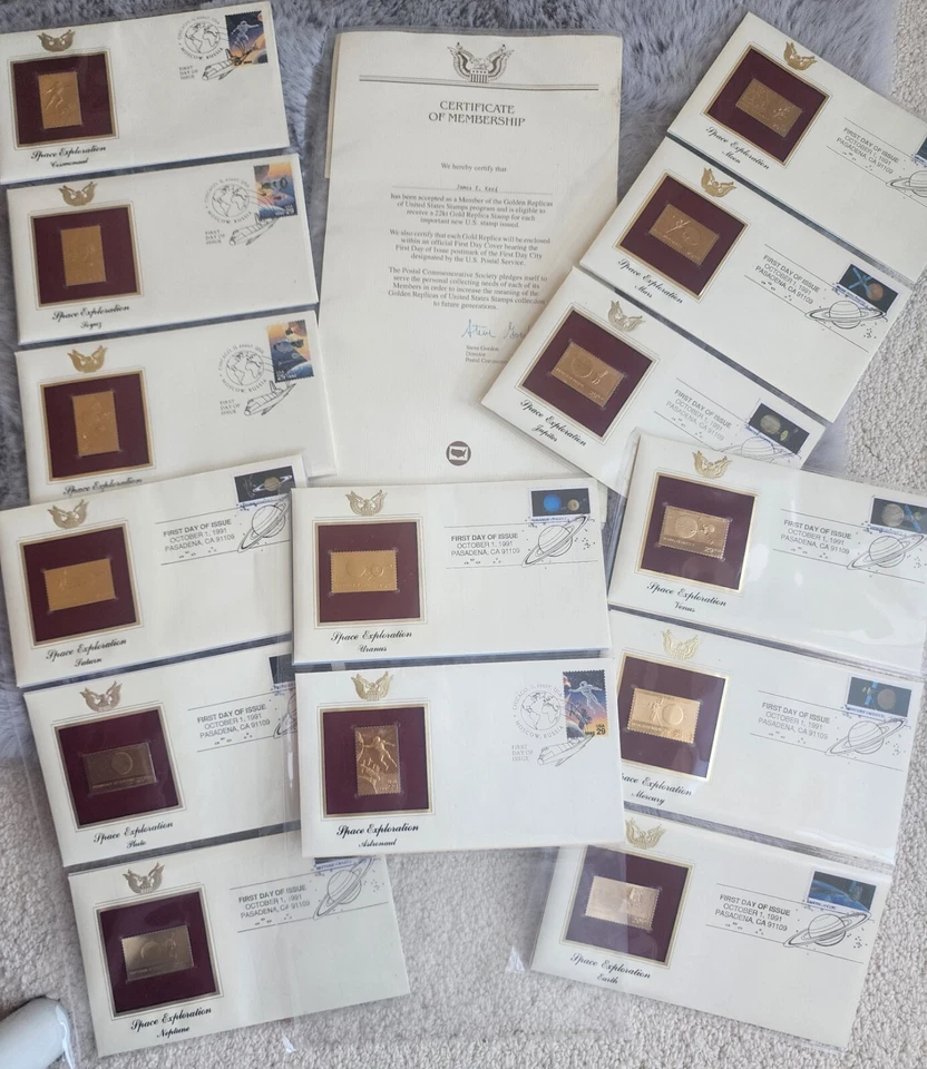 14 Golden Replicas 22k Space Exploration Mars Saturn Jupiter Uranus Stamps Lot.  - Image 1 of 4