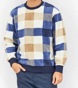 Men Crew Neck Long Sleeve Plaid Sweater, Navy & Tan &White Combo XS (R136) (L) - Picture 1 of 5