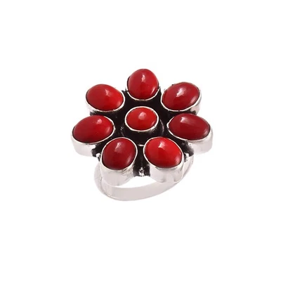 Anillo ajustable de plata de ley 925 con piedras preciosas de coral rojo natural hecho a mano Foto 1 de 3