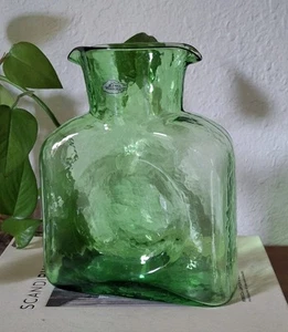 Jarra jarra jarra botella de agua de doble caño de vidrio artístico verde vintage Blenko Mcm - Imagen 1 de 7