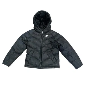 Nike Quilted Puffer Jacket Youth Small Black Full Zip Hooded Coat Swoosh Logo - Picture 1 of 17