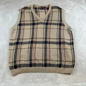Chaps Ralph Lauren XL Mens Plaid Sweater Vest V Neck Tan Blue Linen Blend - Picture 1 of 5