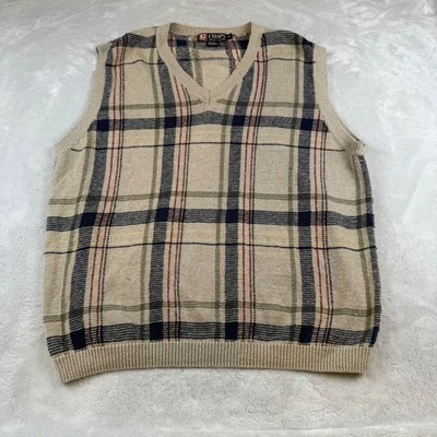 Chaps Ralph Lauren XL Mens Plaid Sweater Vest V Neck Tan Blue Linen Blend - Image 1 of 4