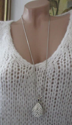 Neu Damen Halskette Tropfen Lang Strass Silber Kette  Anhänger NICKELFREI  - Bild 1 von 4