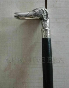Antique Victorian Brass Designer Dog Head Handle Wooden Walking Stick Cane Gift - Picture 1 of 4