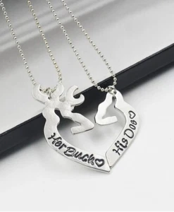 His Her Buck Doe Heart Necklace 2 PC Set Hunting Deer Couples Elk Country  - Picture 1 of 3