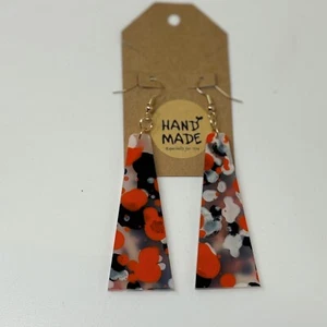 Orange Black White Earrings Halloween Geometric Trapeziod Acrylic Silver Tone - Picture 1 of 6