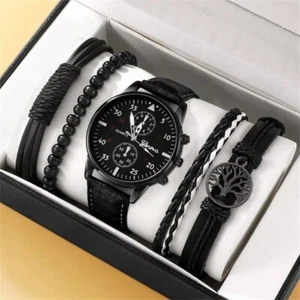 Set 5 pcs Watch Luxury Man Military Elegant Black Date + 4 leather bracelet - Picture 1 of 5