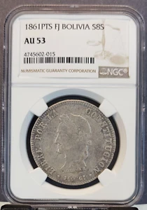 1861 PTS FJ BOLIVIA SILVER 8 SOLES S8S NGC AU 53 HIGH GRADE BEAUTIFUL COIN - Picture 1 of 3