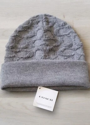 Coach Womens Beanie Designer Warm Hat Logo C Winter Ski Cap Gray Knit Wooly Wool - Image 1 of 3