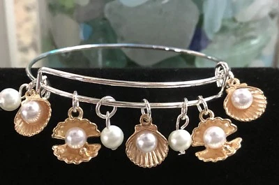 Brazalete Brazalete Expandible Conchas Marinas~Oyster~Almeja~Perlas/Océano-Oro Rosa Dije Foto 1 de 4