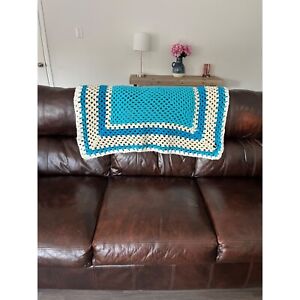 Handmade Granny Square Crochet Knitted Small Baby Blanket Blue Cream 42x33 Boho
