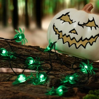10 LED Green Spider Lights - White LED's - Battery-Powered Halloween Decor - Image 1 of 4