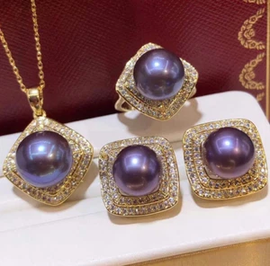 SET OF 12MM NATURAL SOUTH SEA GENUINE PURPLE ROUND PEARL PENDANT EARRING RING - Picture 1 of 2
