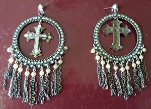 Vtg Pierced Earrings Cross Pearl Rhinestone Silver Tone Dangle Drop 3"x2" - Picture 1 of 7