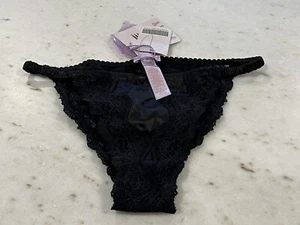 Savage X Rhianna~NWT Black Silky Bow String LACE Panties Thong SMALL - Picture 1 of 5