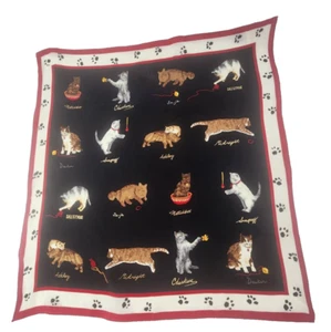 Cat Print Scarf Black Red White Animal Design Talbot 100% Silk Paw Print Vintage - Picture 1 of 9
